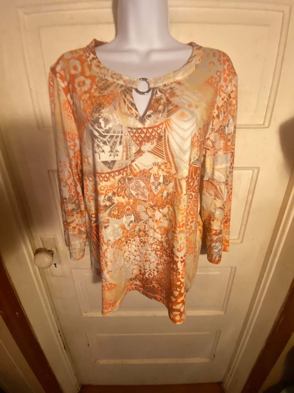 Chico's Orange Mixed Print Paisley Animal Ring Neck Tunic Top Size 1